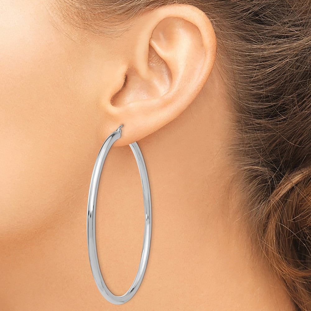 14K White Gold 3x65mm Polished Lightweight Tube Hoop Earrings