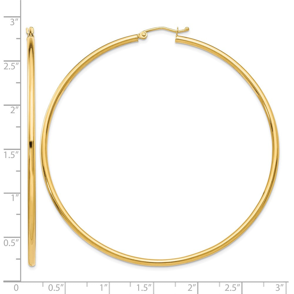 14K 2.5x65mm Polished Round Tube Hoop Earrings