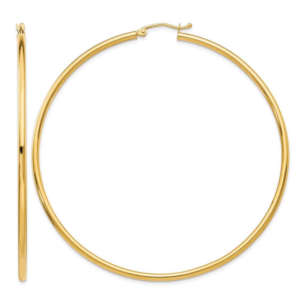 14K 2.5x65mm Polished Round Tube Hoop Earrings