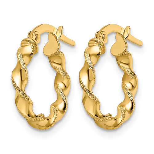 10K Polished and Textured Twisted Hinged Hoop Earrings