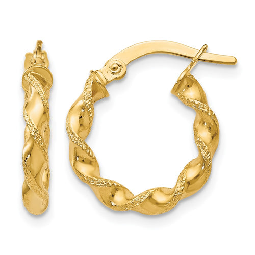 10K Polished and Textured Twisted Hinged Hoop Earrings