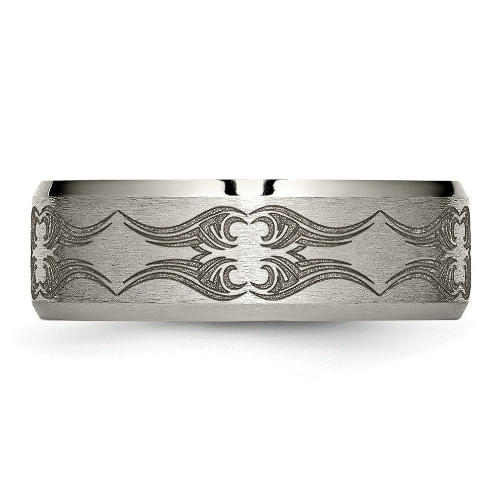 Titanium Brushed & Polished Laser Design 8mm Beveled Edge Band