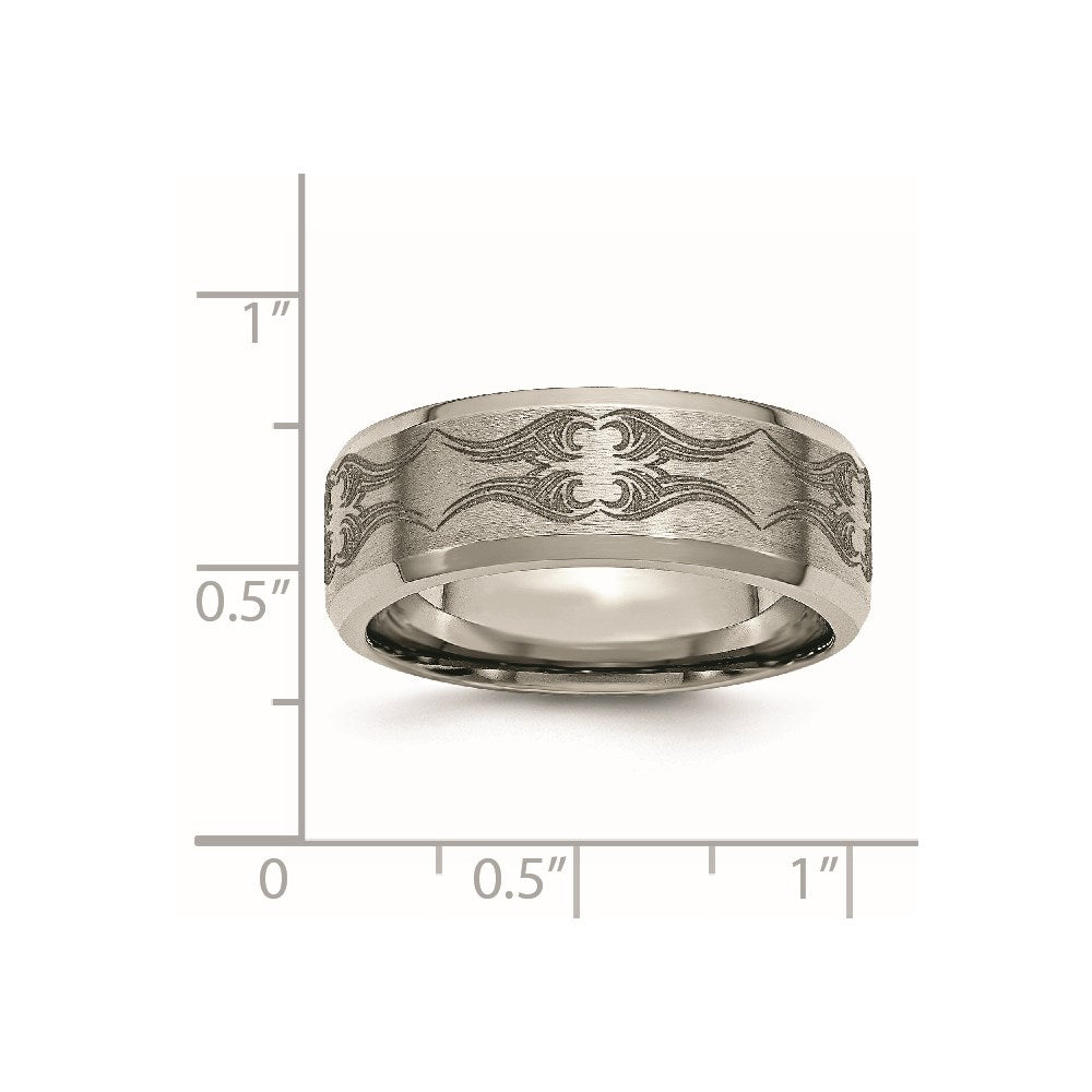 Titanium Brushed & Polished Laser Design 8mm Beveled Edge Band