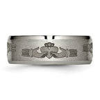 Chisel Titanium Brushed and Polished Claddagh Laser Design 8mm Beveled Edge Band