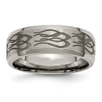Chisel Titanium Brushed and Polished Flames Laser Design 8mm Beveled Edge Band