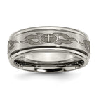 Chisel Titanium Brushed and Polished Cross Laser Design 8mm Ridged Edge Band