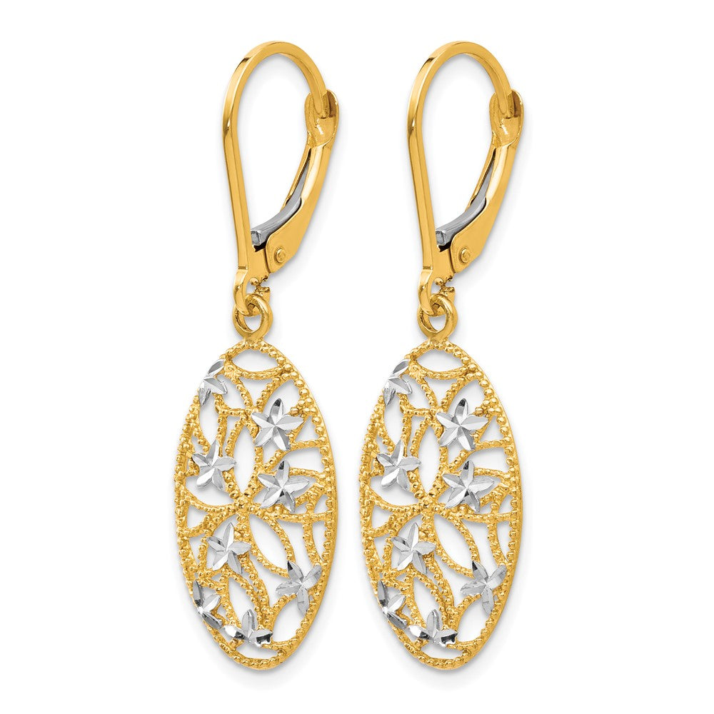 10K w/Rhodium D/C Leverback Dangle Earrings