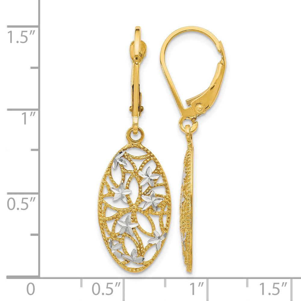 10K w/Rhodium D/C Leverback Dangle Earrings