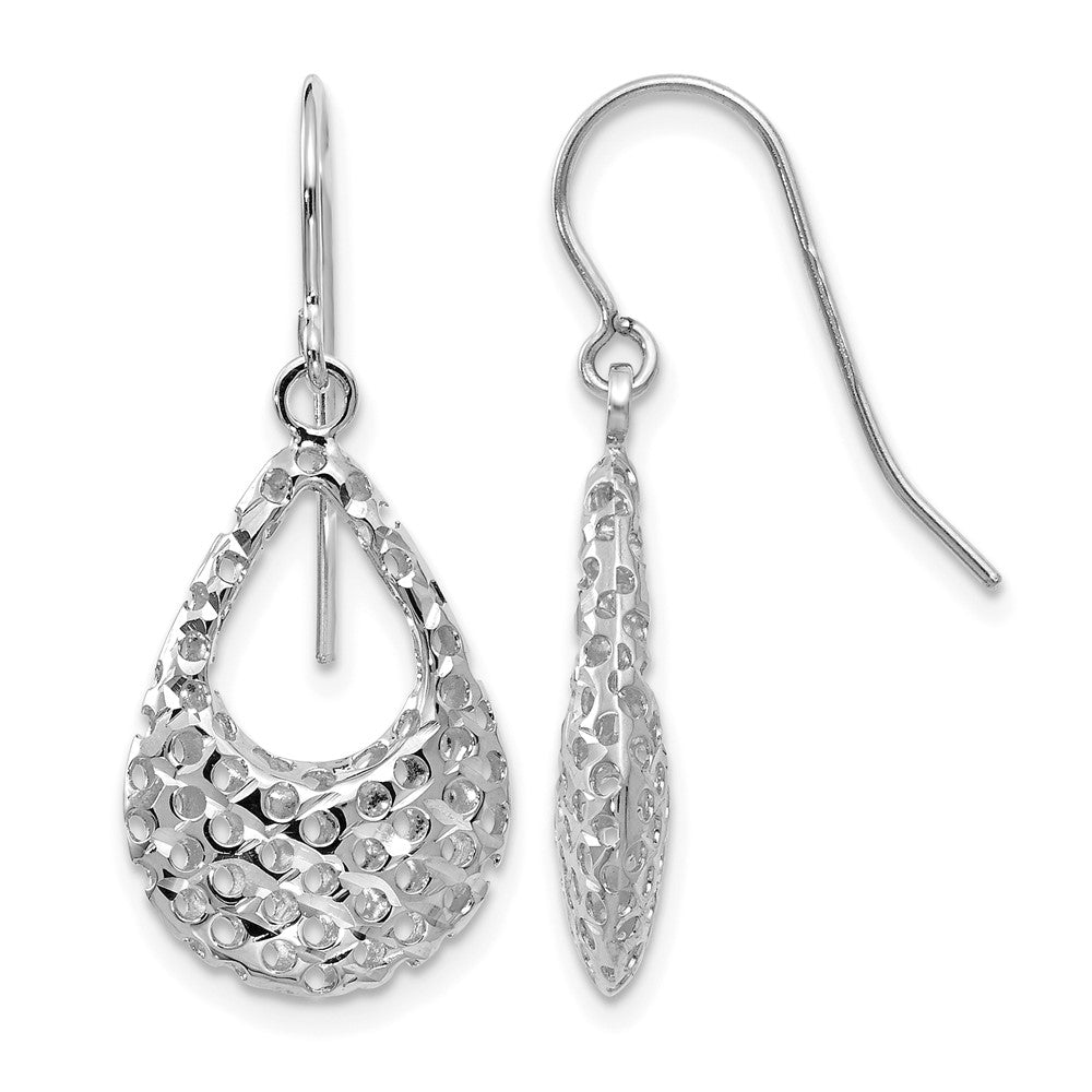 10K White Gold Textured Shepherd Hook Dangle Earrings