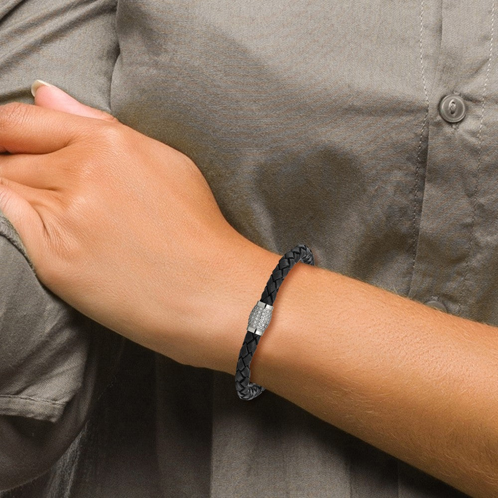 Chisel Titanium Polished with CZ Black Leather Bracelet
