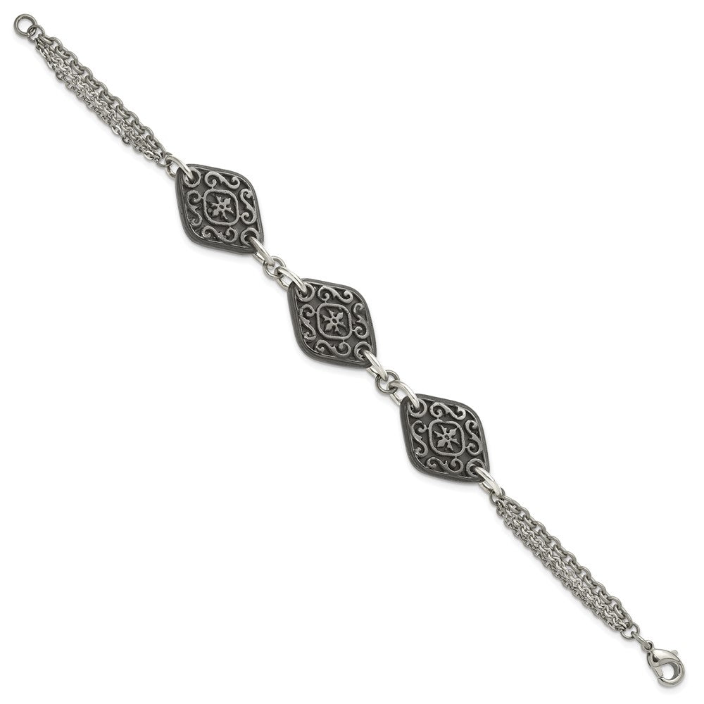Titanium Sterling Silver Black Ti Polished & Etched 3-Charm Bracelet