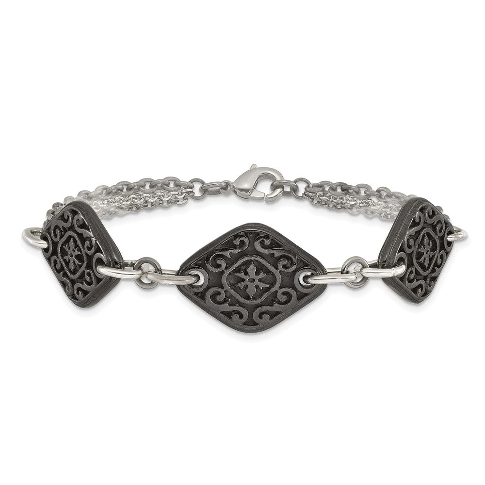 Titanium Sterling Silver Black Ti Polished & Etched 3-Charm Bracelet