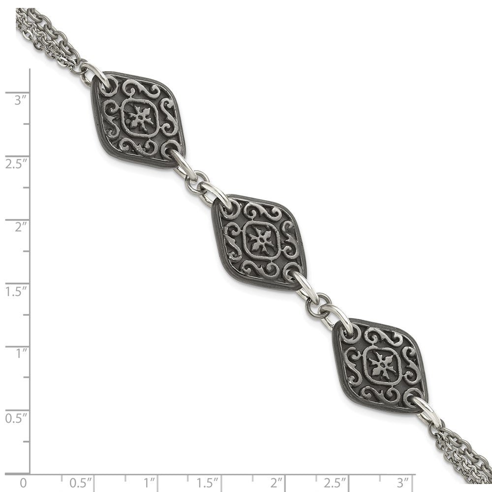 Titanium Sterling Silver Black Ti Polished & Etched 3-Charm Bracelet