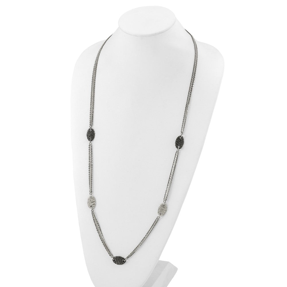 Titanium Sterling Silver Black Ti Polished and Etched Oval Station Necklace