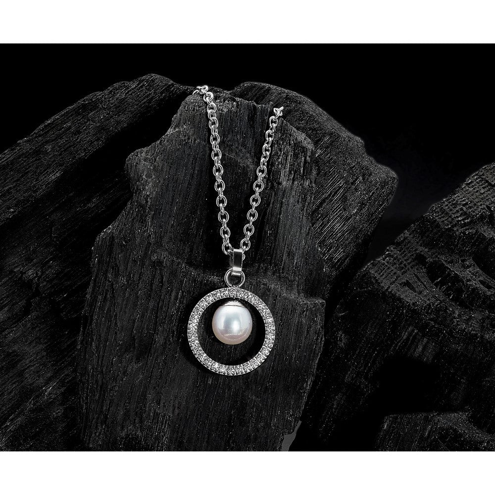 Chisel Titanium Polished with CZ and Freshwater Cultured Pearl 22 inch Necklace