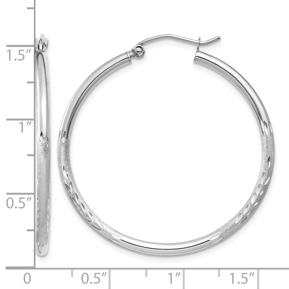 14k White Gold 2x35mm Satin Diamond-cut Round Tube Hoop Earrings