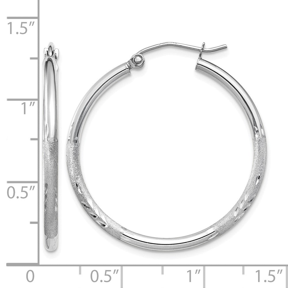 14k White Gold 2x30mm Satin Diamond-cut Round Tube Hoop Earrings
