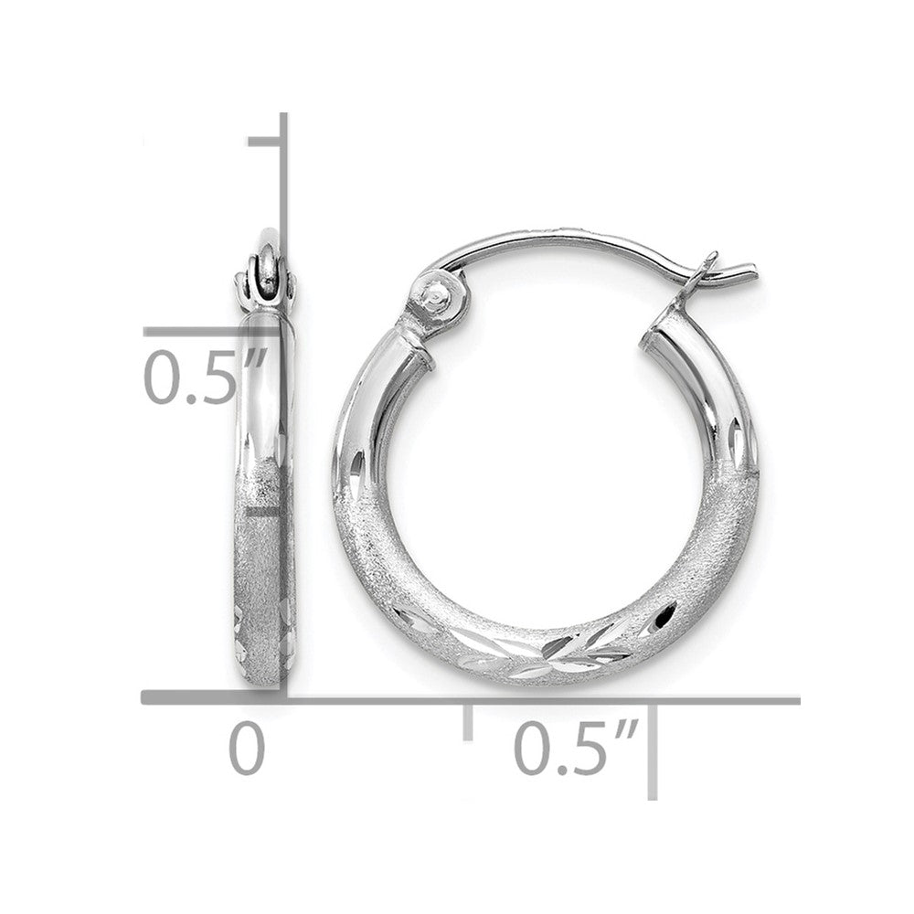 14k White Gold 2x15mm Satin Diamond-cut Round Tube Hoop Earrings