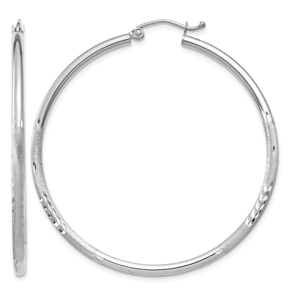 14k White Gold 2x45mm Satin Diamond-cut Round Tube Hoop Earrings