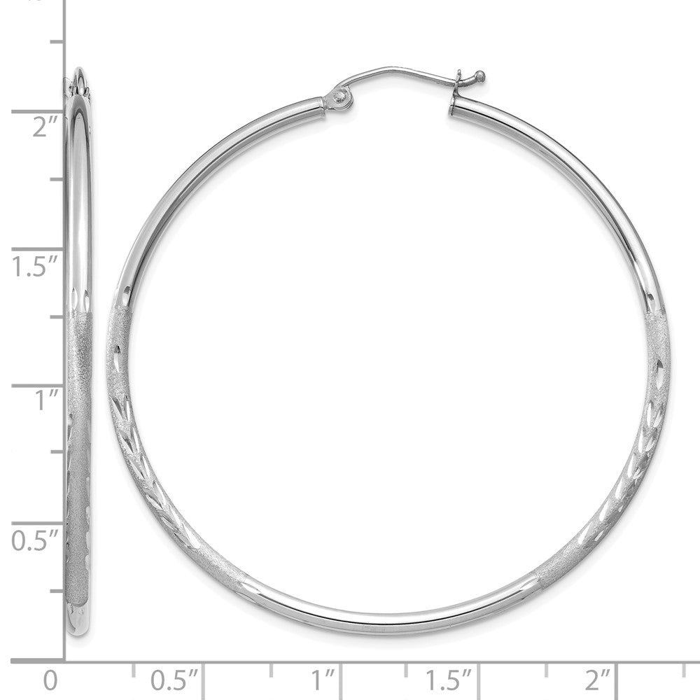 14k White Gold 2x50mm Satin Diamond-cut Round Tube Hoop Earrings