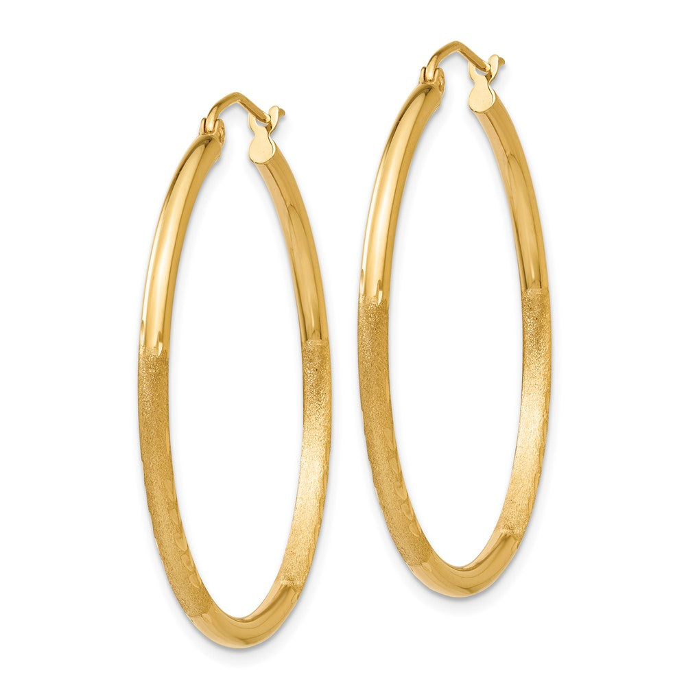 14k 2x35mm Satin Diamond-cut Round Tube Hoop Earrings