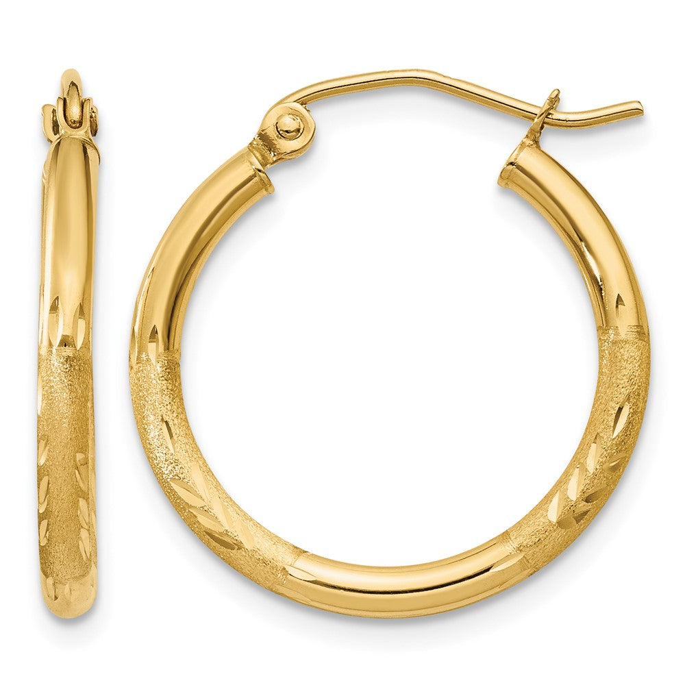 14k 2x20mm Satin Diamond-cut Round Tube Hoop Earrings