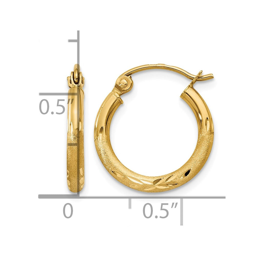 14k 2x15mm Satin Diamond-cut Round Tube Hoop Earrings