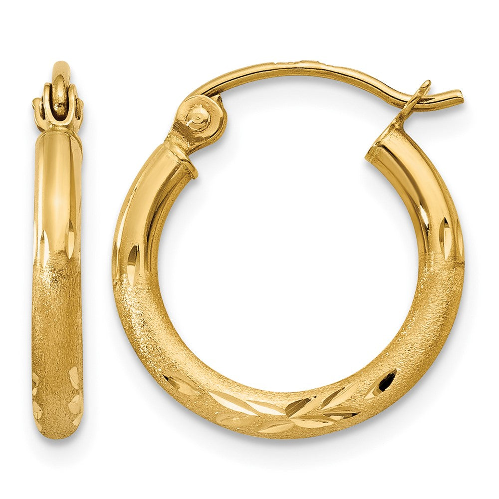 14k 2x15mm Satin Diamond-cut Round Tube Hoop Earrings