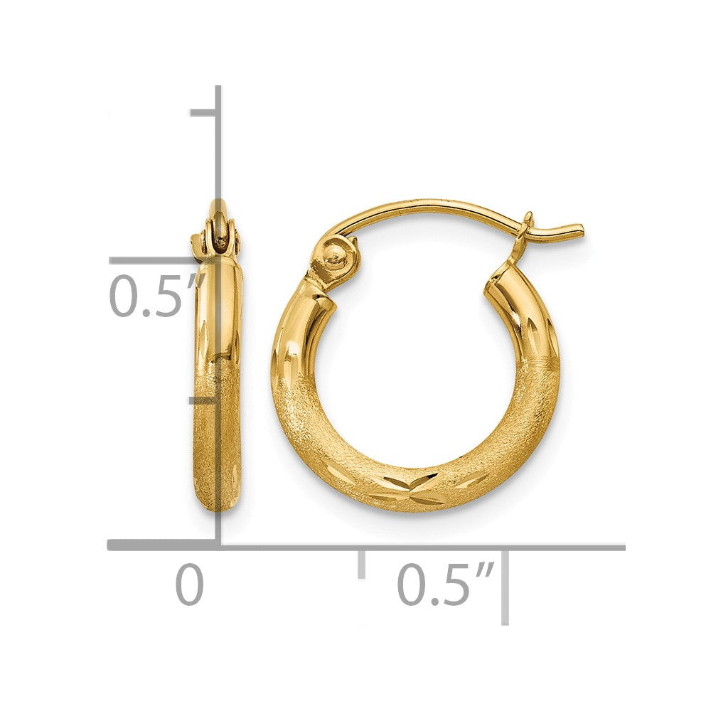14k 2x13mm Satin Diamond-cut Round Tube Hoop Earrings
