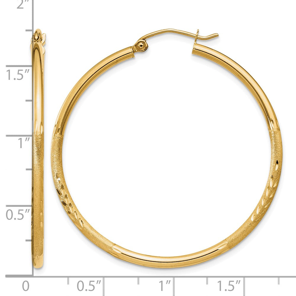 14k 2x40mm Satin Diamond-cut Round Tube Hoop Earrings