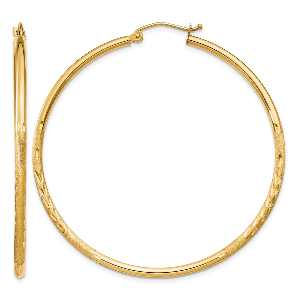 14k 2x50mm Satin Diamond-cut Round Tube Hoop Earrings