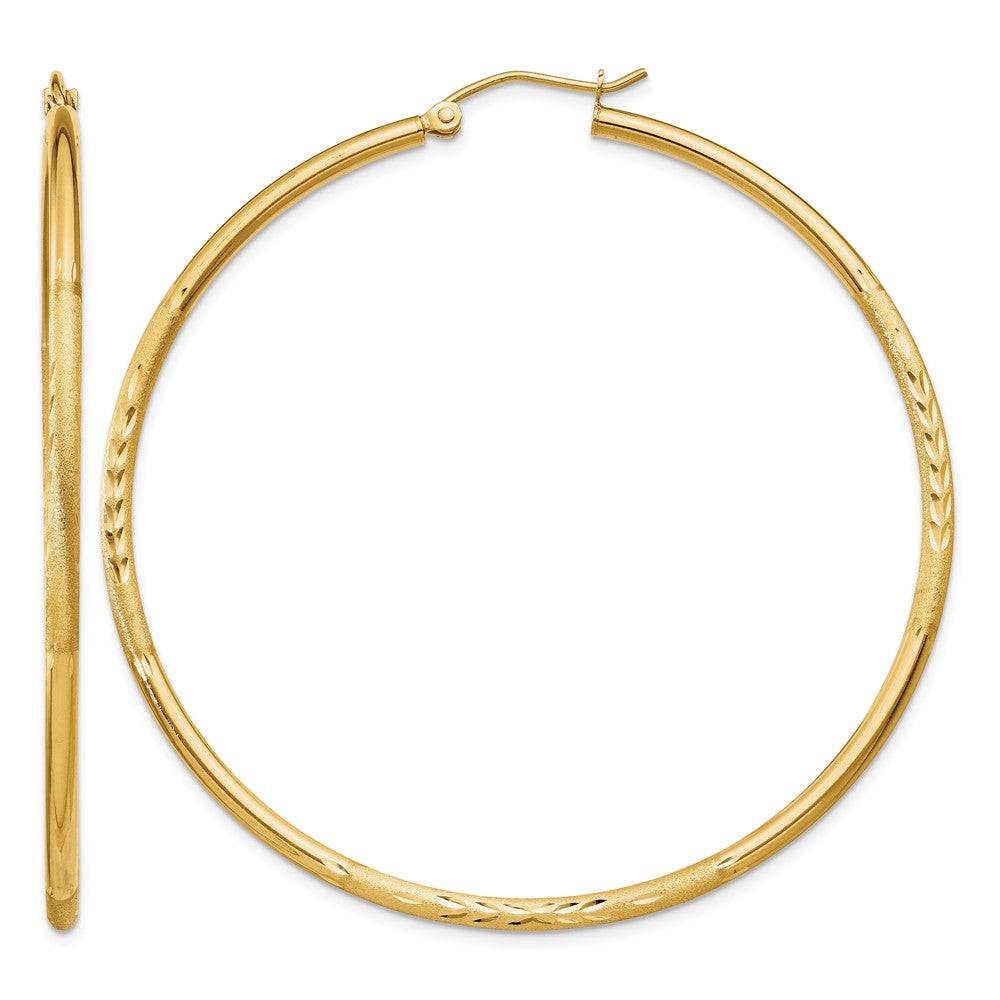 14k 2x55mm Satin Diamond-cut Round Tube Hoop Earrings