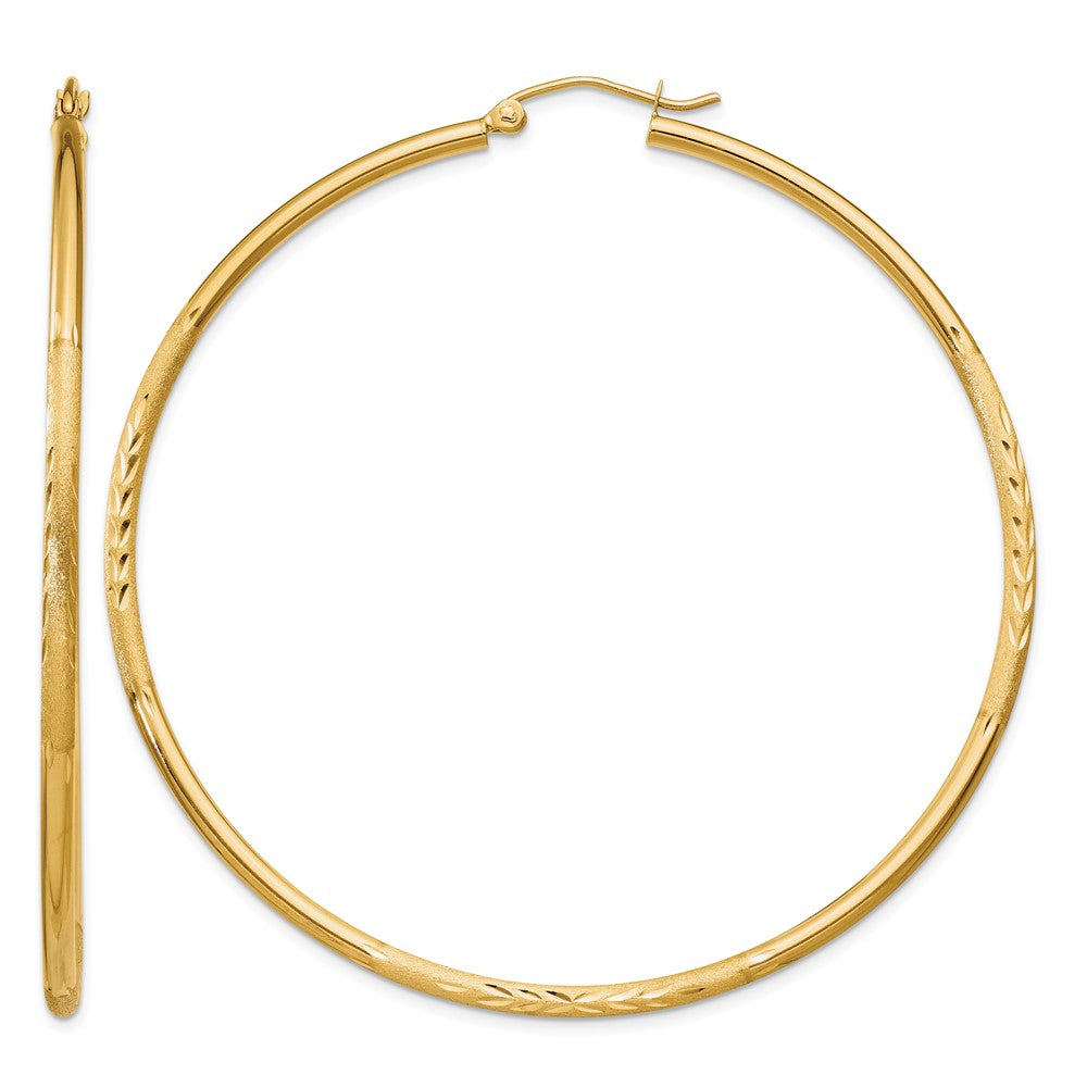 14k 2x60mm Satin Diamond-cut Round Tube Hoop Earrings