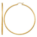 14k 2x65mm Satin Diamond-cut Round Tube Hoop Earrings