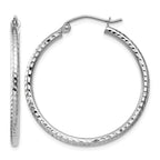 14k White Gold 2x30mm Diamond-cut Round Tube Hoop Earrings