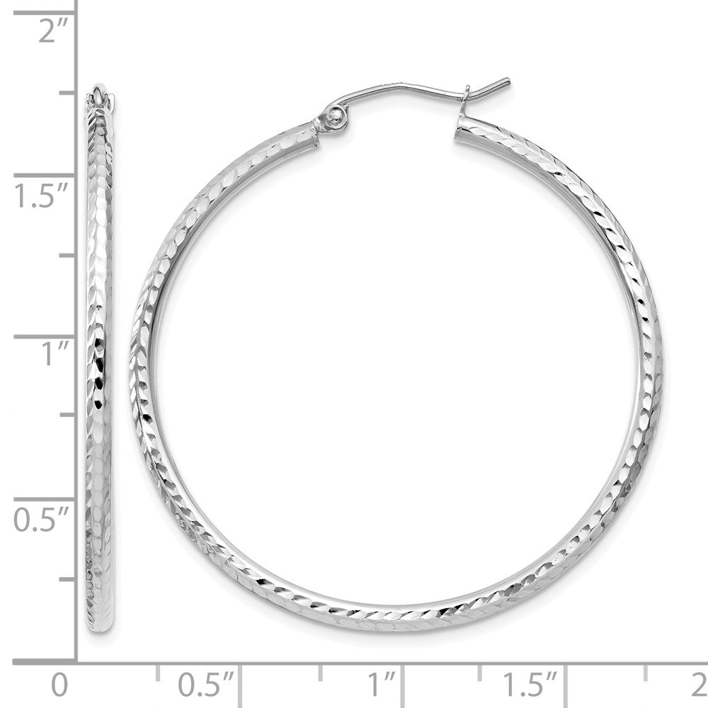 14k White Gold 2x40mm Diamond-cut Round Tube Hoop Earrings