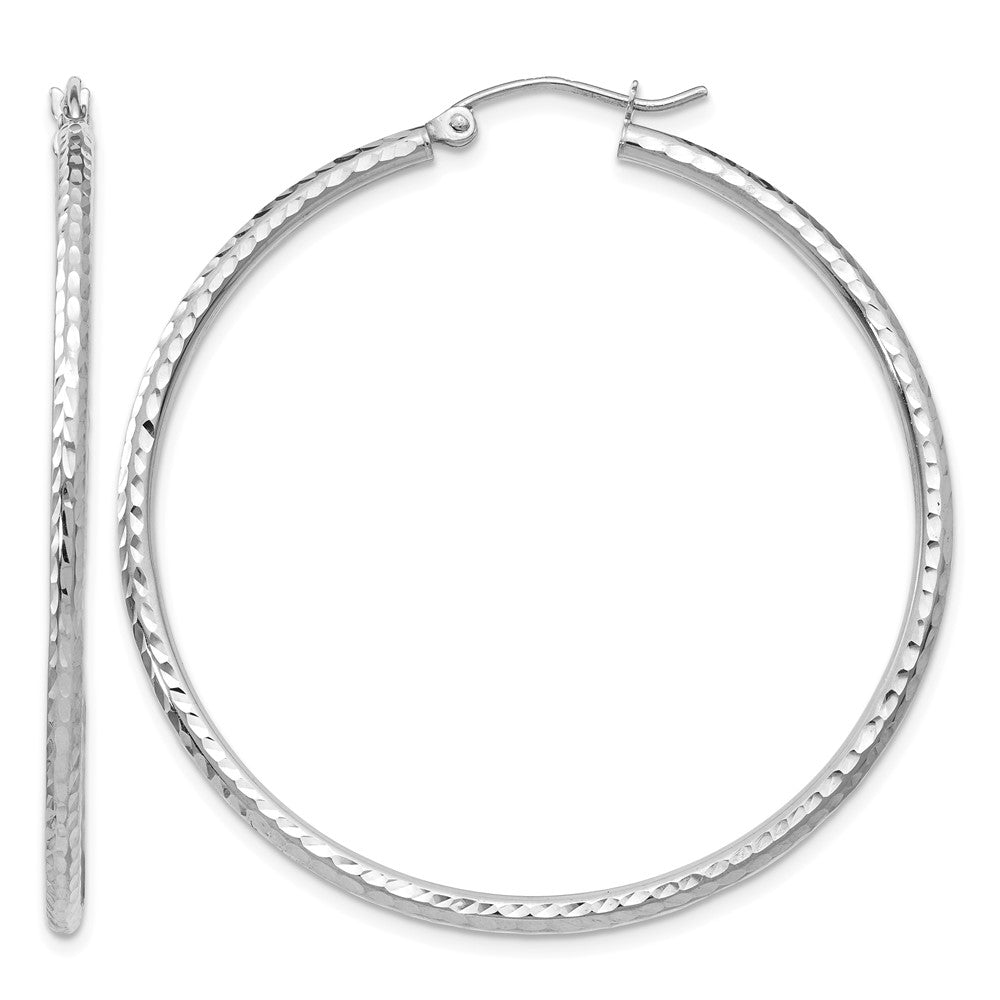 14k White Gold 2x45mm Diamond-cut Round Tube Hoop Earrings