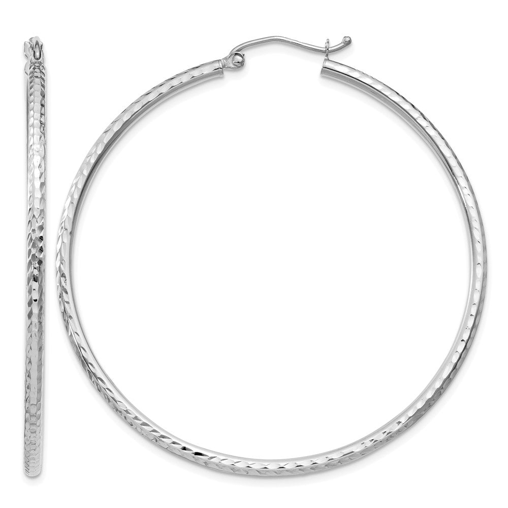 14k White Gold 2x50mm Diamond-cut Round Tube Hoop Earrings