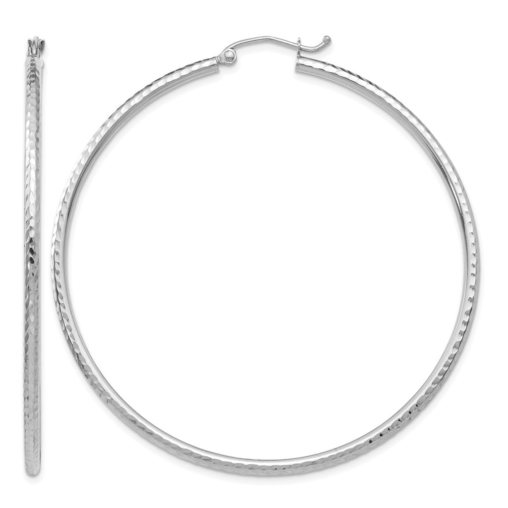14k White Gold 2x55mm Diamond-cut Round Tube Hoop Earrings