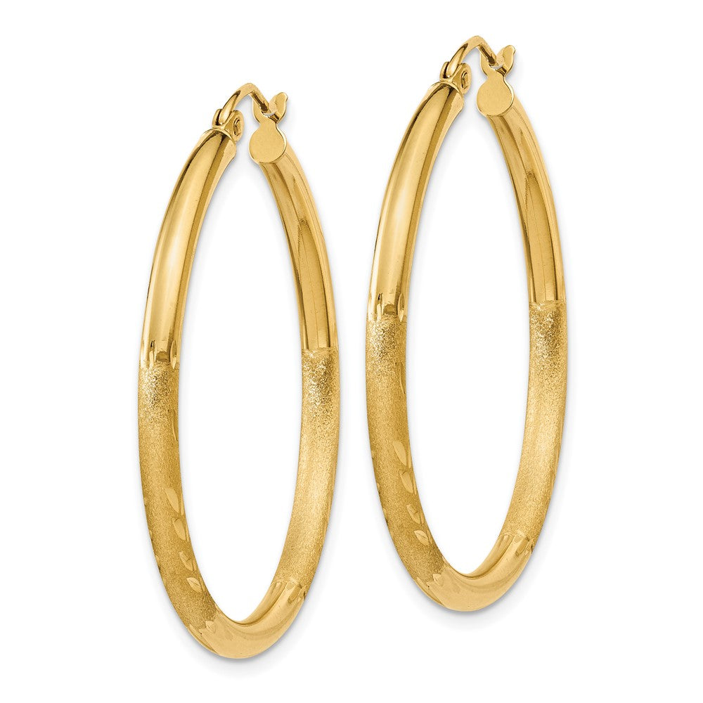 14k 2.5x30mm Satin Diamond-cut Round Tube Hoop Earrings