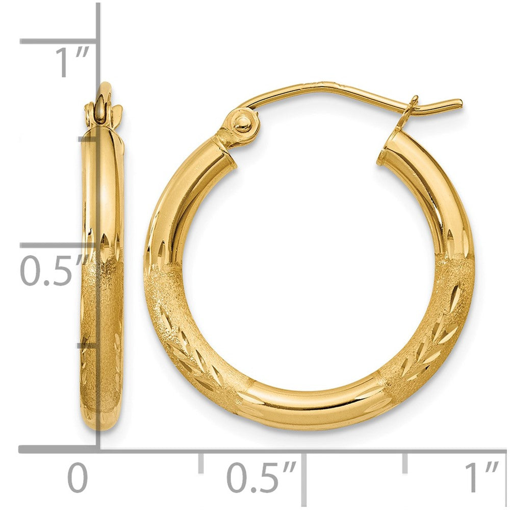 14k 2.5x20mm Satin Diamond-cut Round Tube Hoop Earrings