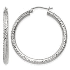 14k White Gold 3x35mm Diamond-cut Round Tube Hoop Earrings