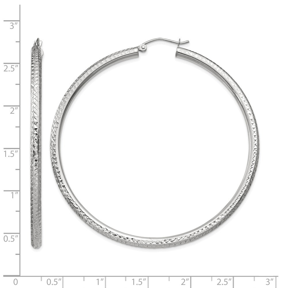 14k White Gold 3x60mm Diamond-cut Round Tube Hoop Earrings