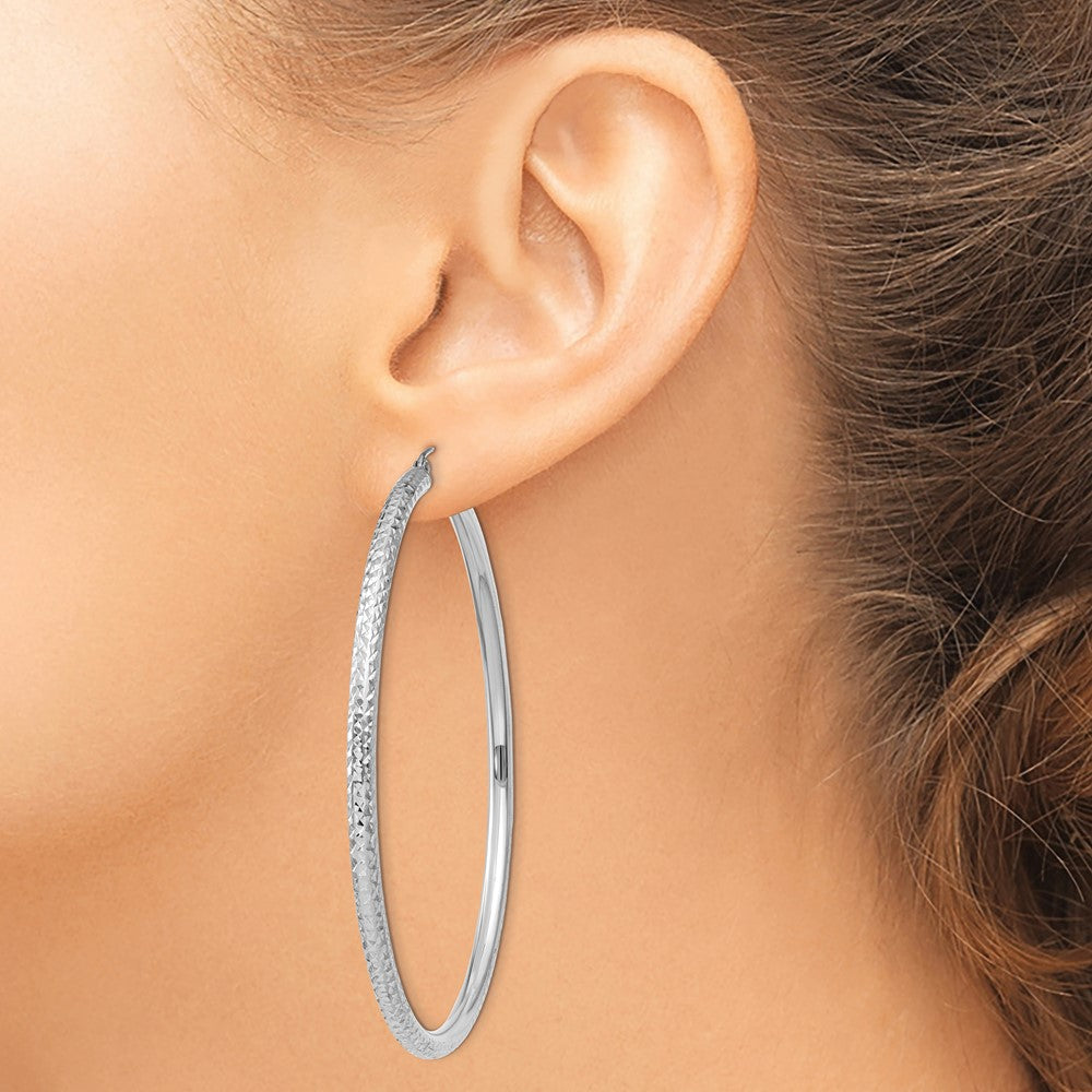 14k White Gold 3x65mm Diamond-cut Round Tube Hoop Earrings
