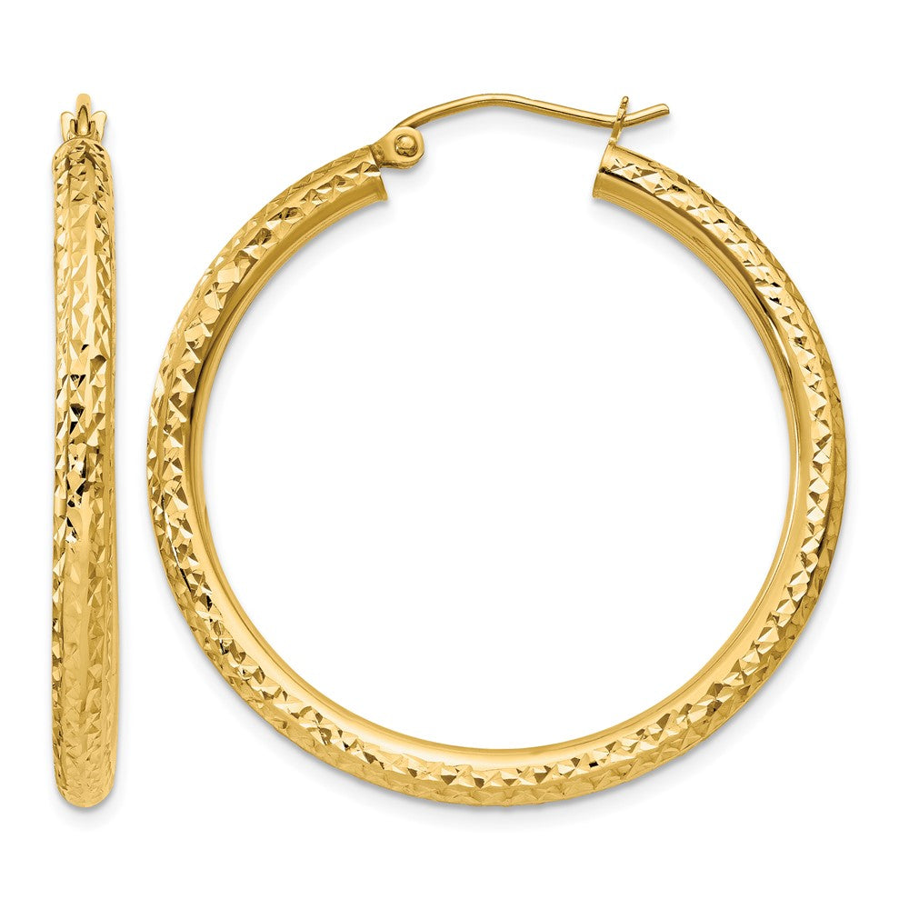 14k 3x35mm Diamond-cut Round Tube Hoop Earrings