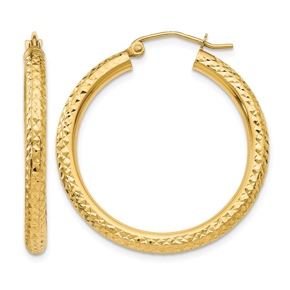 14k 3x30mm Diamond-cut Round Tube Hoop Earrings