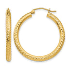 14k 3x30mm Diamond-cut Round Tube Hoop Earrings