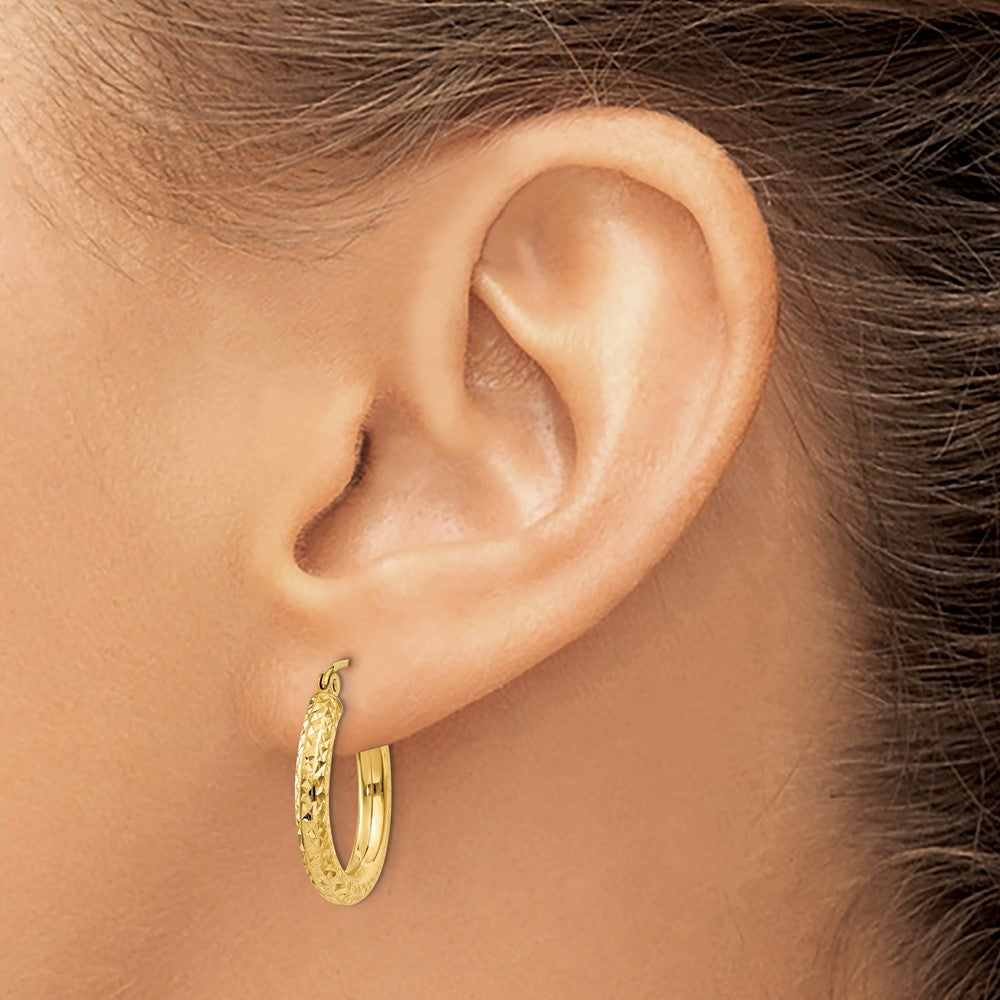 14k 3x20mm Diamond-cut Round Tube Hoop Earrings