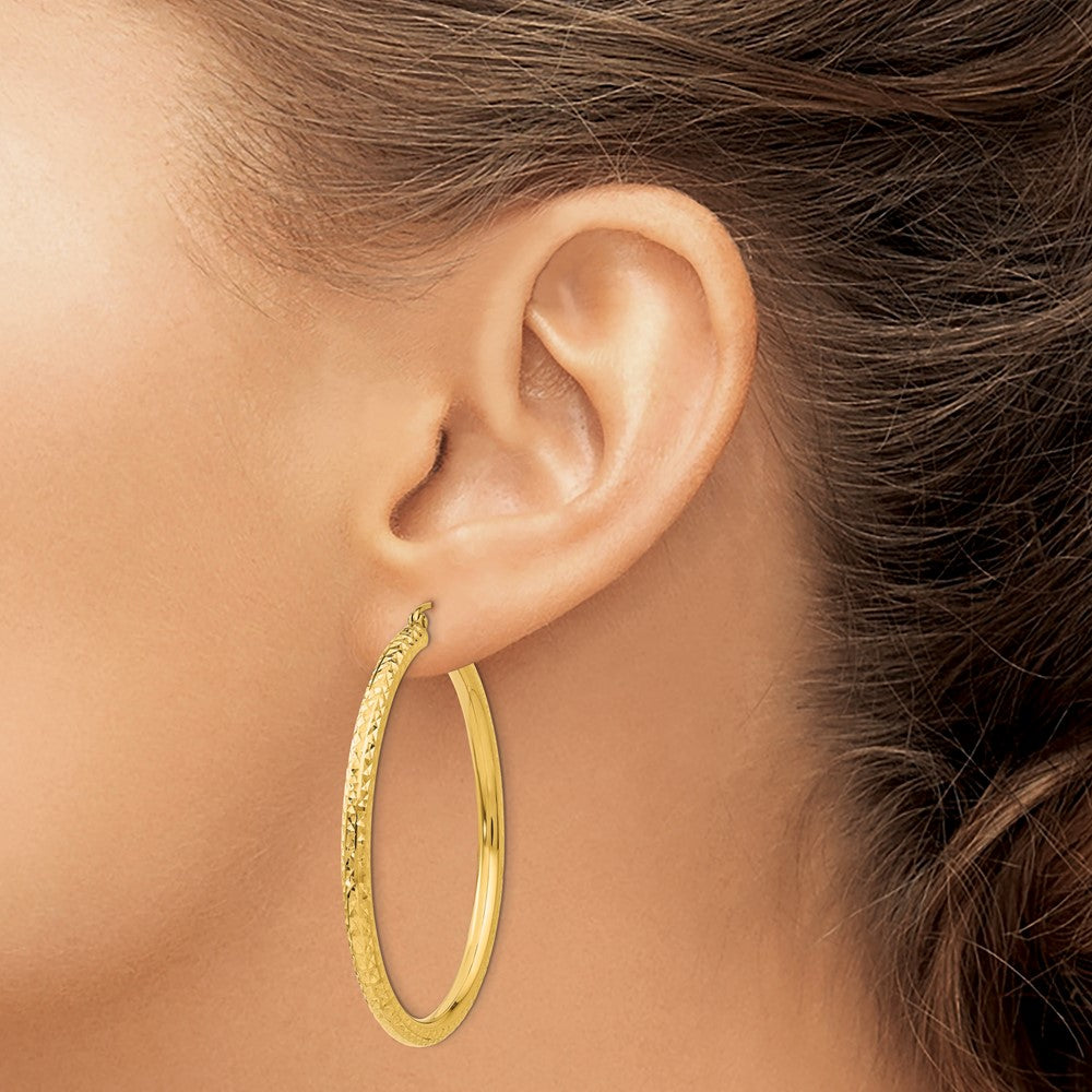 14k 3x45mm Diamond-cut Round Tube Hoop Earrings