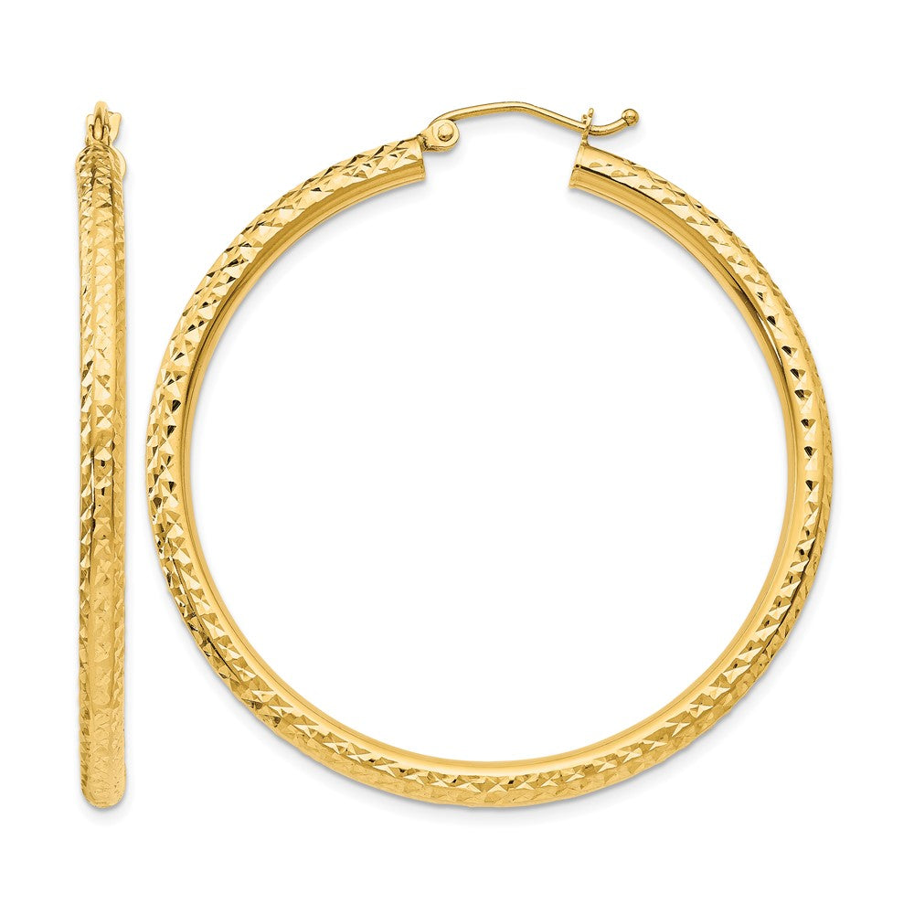 14k 3x45mm Diamond-cut Round Tube Hoop Earrings